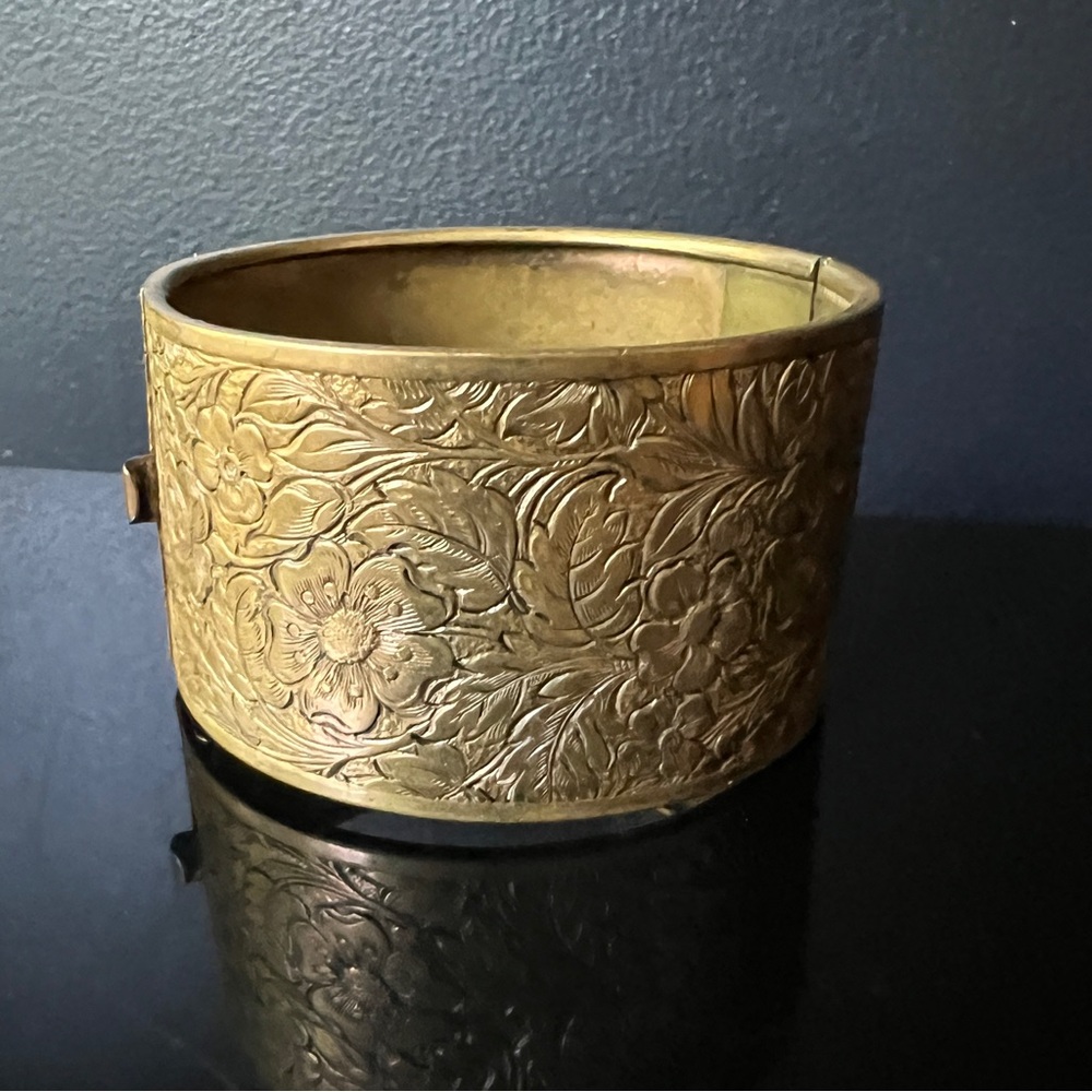Wide Brass Cuff Floral Engraved Antique Botanical Bracelet Victorian Edwardian